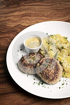 German frikadellen meatballs with creamy onion fried potatoes photo