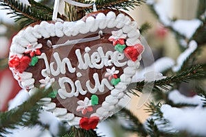 German gingerbread heart with the words Ich liebe dich translates into I love you in English