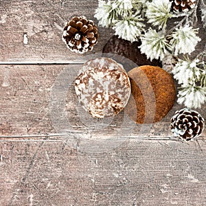 German Gingerbread, Lebkuchen, with Pine Cones and Fir Tree Branch