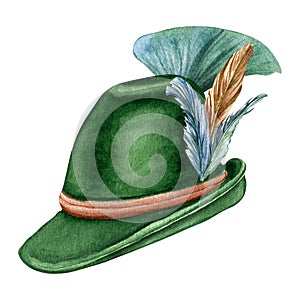 German green hat and feathers watercolor illustration isolated on white background.