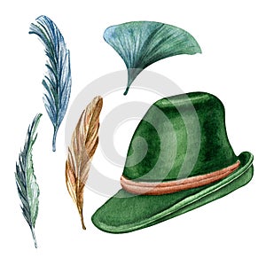 German green hat and feathers watercolor illustration isolated on white background.