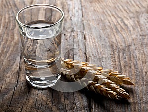 German hard liquor Korn Schnapps in shot glass with wheat ears