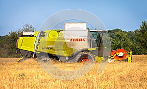German havester Claas Lexion 650 works on a corn field