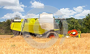 German havester works on a corn field