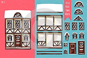 German houses, collection of elements, itemset, roof, windows, doors. Winter seasons snow for postcard design posters