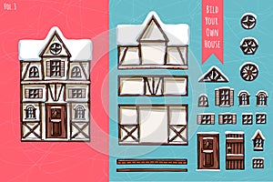 German houses, collection of elements, itemset, roof, windows, doors. Winter seasons snow for postcard design posters