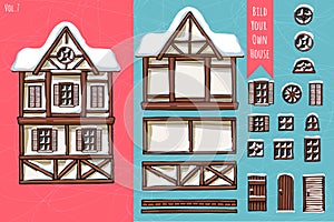 German houses, collection of elements, itemset, roof, windows, doors. Winter seasons snow for postcard design posters