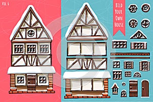 German houses, collection of elements, itemset, roof, windows, doors. Winter seasons snow for postcard design posters