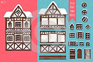 German houses, collection of elements, itemset, roof, windows, doors. Winter seasons snow for postcard design posters
