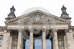 German inscription Dem Deutschen Volke, meaning To The German People, on the portal of Bundestag or Reichstag building