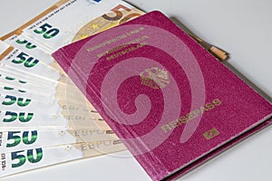 German international traveling passport and euro money.