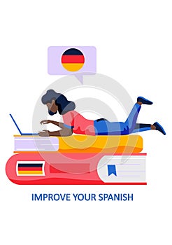 German language courses illustration with german word flag and a woman with laptop on the books