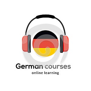 German language learning logo icon with headphones. Creative german class fluent concept speak test and grammar