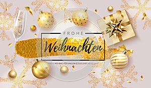 German lettering Frohe Weihnachten - Happy New Year and Merry Christmas. Christmas background with shining gold