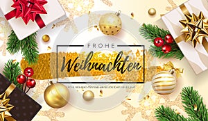 German lettering Frohe Weihnachten - Happy New Year and Merry Christmas. Christmas greeting background with gifts box