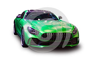 German luxury green sports car. White background.