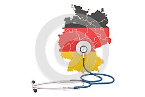 German map with stethoscope, national health care concept, 3D re