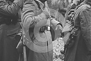 German military ammunition of a German soldier at World War II. Warm autumn clothes, soldier& x27;s overcoat, gloves