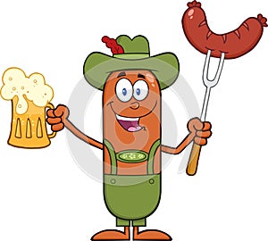 German Oktoberfest Sausage Cartoon Character Holding A Beer And Weenie On A Fork