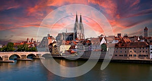 German Old Town Regensburg with sunset at the river danube