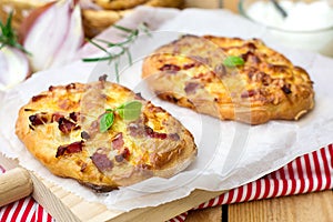 German pizza style tart flambee Swabian Dinnete