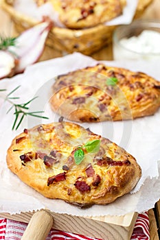 German pizza style tart flambee Swabian Dinnete