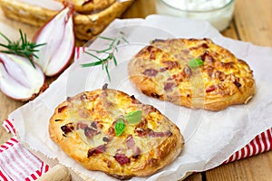 German pizza style tart flambee Swabian Dinnete