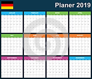 German Planner blank for 2019. Scheduler, agenda or diary template. Week starts on Monday