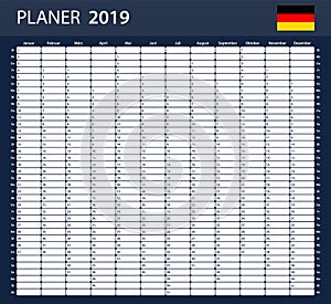 German Planner blank for 2019. Scheduler, agenda or diary template. Week starts on Monday