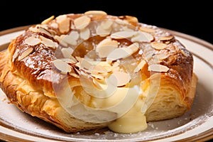 German pudding cream plunder pastry wih almond slices on plate photo