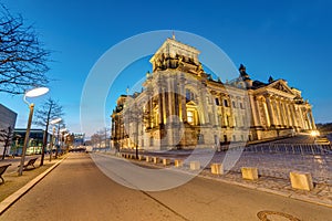 The german Reichstag in Berlin before sunrise