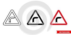 German road sign dangerous curve to the right icon of 3 types color, black and white, outline. Isolated vector sign symbol