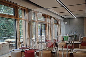 German school Modern school canteen with chairs and tables