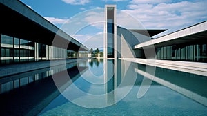 Postmodern Architecture: A Concrete Building With Reflection In Water photo