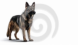 German Shepherd with alert expression, standing pose on isolated white background