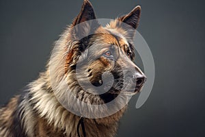 German shepherd close-up on a gray background. AI generated