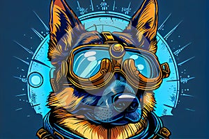 German shepherd dog as a pilot, cartoon steampunk fantasy style illustration of a dog with pilot goggles. Generative AI
