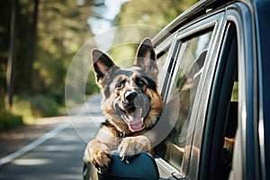 German shepherd dog in a car with open mouth on a city street, German Shepherd Dog Sticking Head Out Driving Car Window, AI