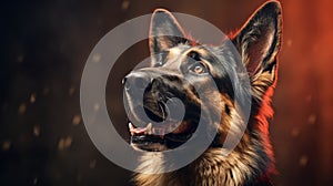 German Shepherd dog.German Shepherd dog portrait close up. Horizontal banner poster background. Copy space. Photo texture AI