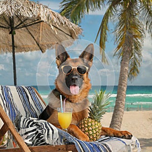 German shepherd dog on the ice floe on the deckchair sipping a pineapple soda