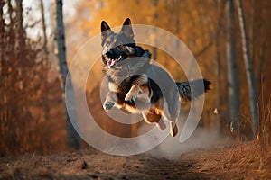 German Shepherd dog in the jump. Dog running, literally flying over the ground. Generative AI