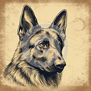 German Shepherd dog, old vintage retro postcard style, close-up portrait, cute pet,