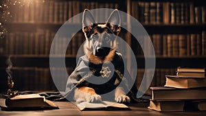 german shepherd dog A playful German Shepherd puppy dressed as a wizard, complete with a cloak and a wand, sitting in a library