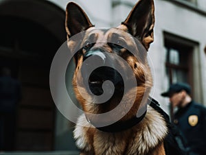 A german shepherd dog with a police officer in the background. AI generative image.