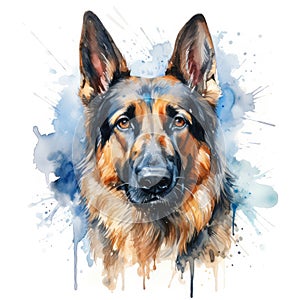 German shepherd dog portrait. Watercolor illustration isolated on white background. Generative AI Generative AI