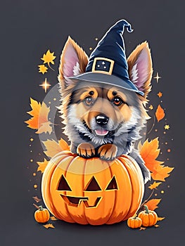 german shepherd dog with pumpkins artwork for halloween