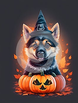 german shepherd dog with pumpkins artwork for halloween