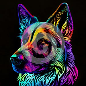 German Shepherd dog puppy in abstract, graphic highlighters lines rainbow ultra-bright neon artistic portrait