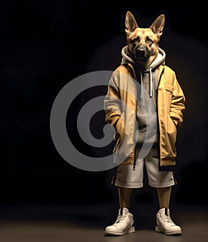 German shepherd dog puppy full body in hip hop stylish fashion isolated on dark background