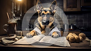 German shepherd dog reading and holding a newspaper in kitchen